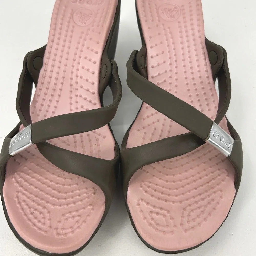Crocs Cyprus II Women 7 Brown Pink Strappy High Heel Sandals Platform 10842